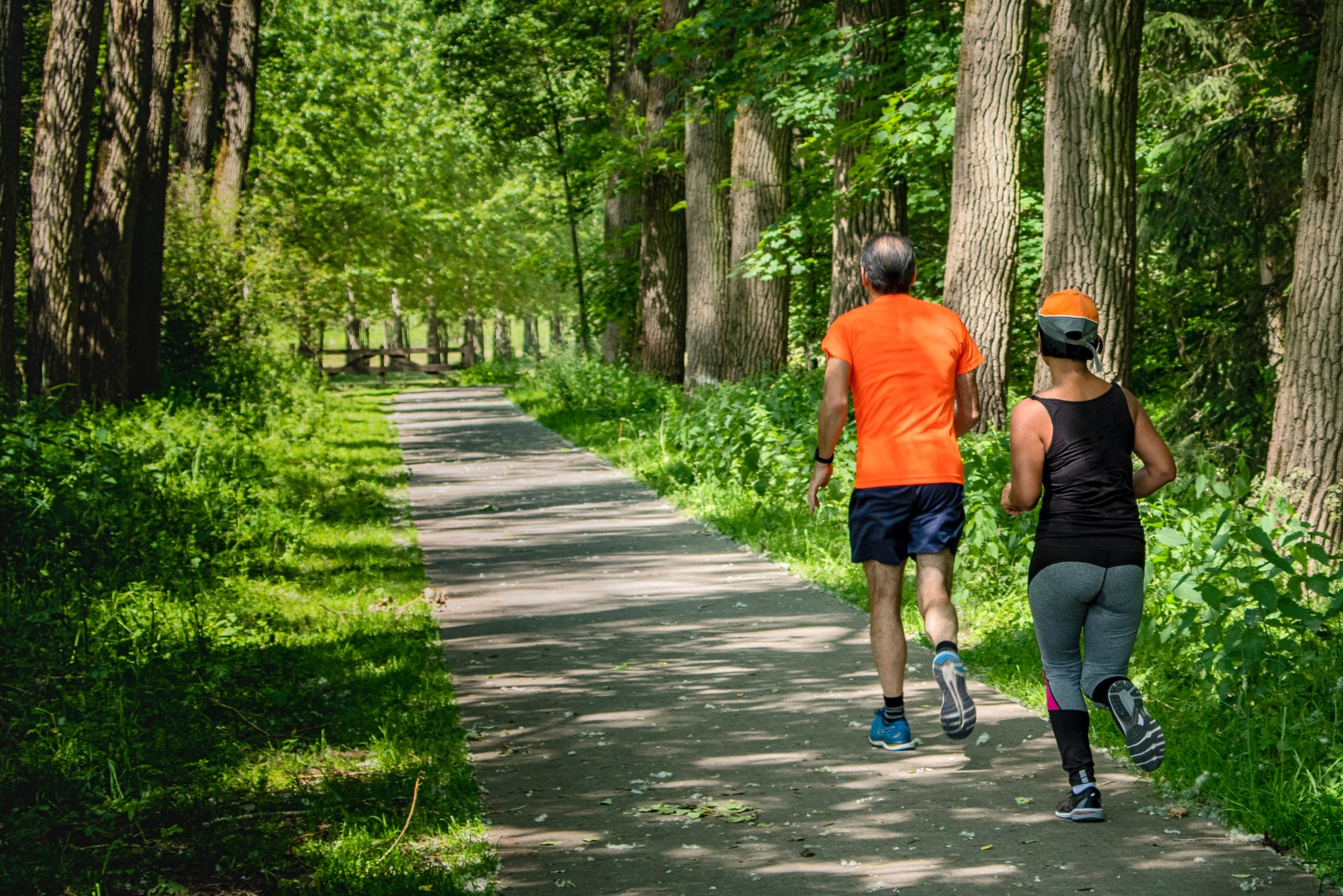 older man and woman running along a wooded trail