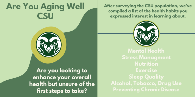Graphic promoting health habits for aging well, including mental health, nutrition, and exercise resources at CSU.