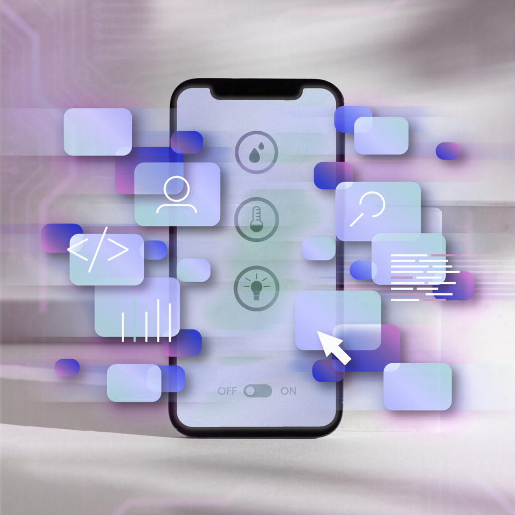 A smartphone displaying various app icons and interactive elements, surrounded by a colorful digital effect.